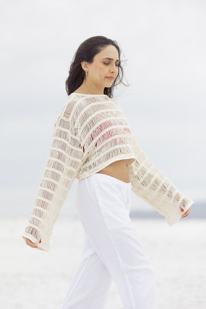 Crop top deshilado hueso